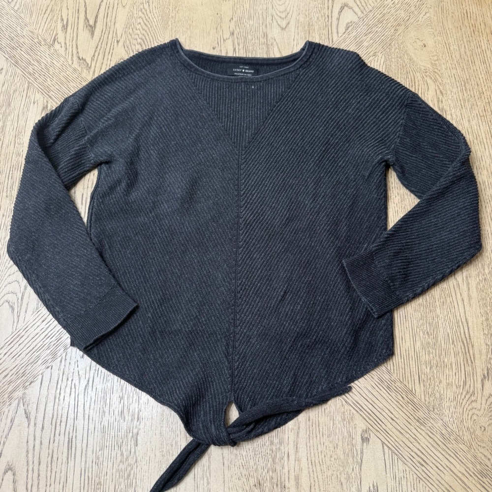 Lucky Brand Women's Size Small Gray Tie Front Ribbed Knit Long‎ Sleeve Top